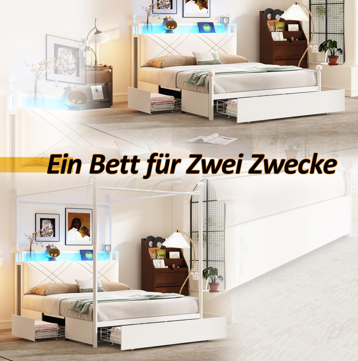 METALNI krevet 140/190 cm s uklonjivim baldahinom, LED osvjetljenjem, USB/Type-C priključcima i spremištem, Bijela - bijela, metal (140/190cm) - Redom