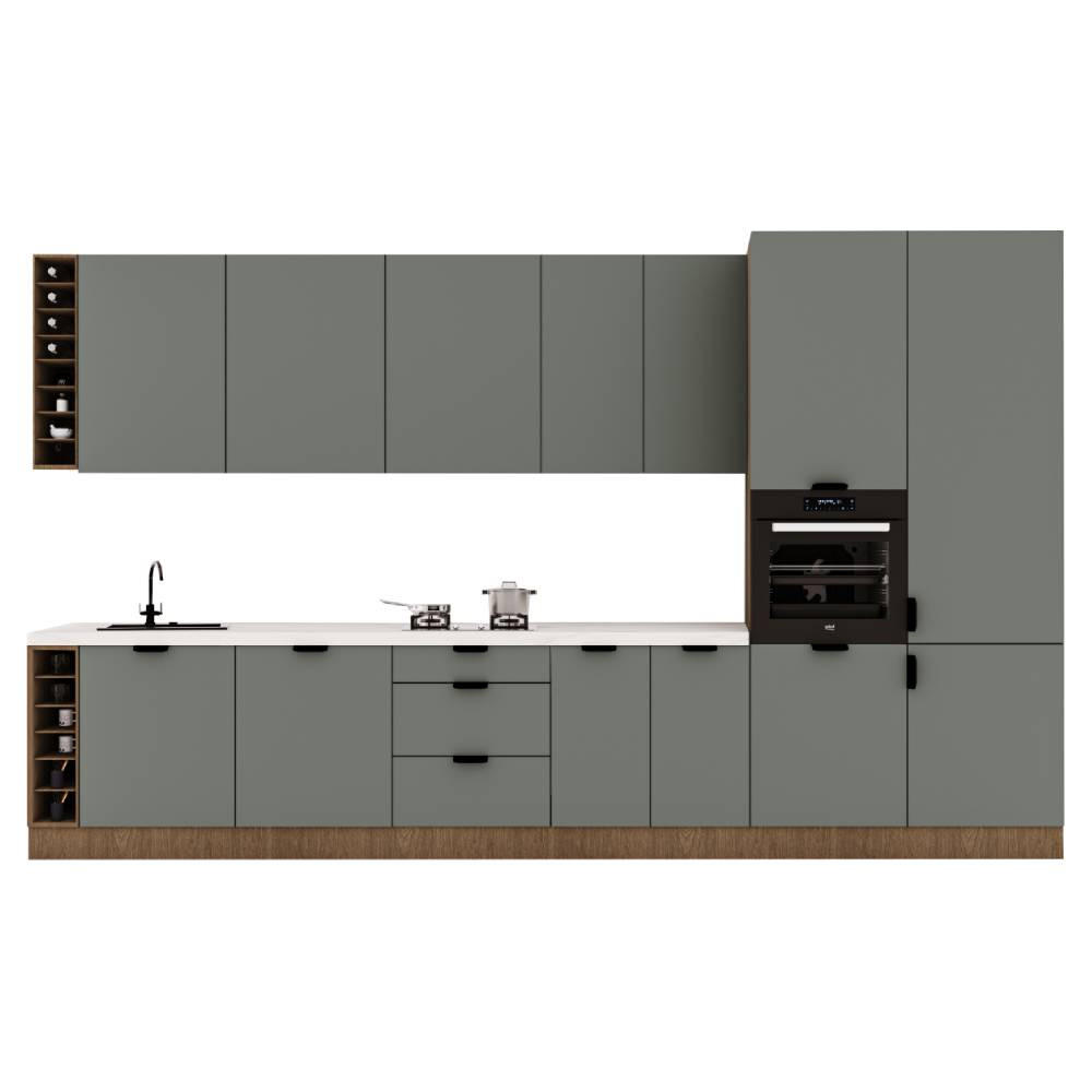 KÜCHENZEILE 395 cm - Sorento KS10-M395 - in Grün / Dunkle Eiche - Eichefarben/Schwarz, Holz/Metall (395/247/58cm)