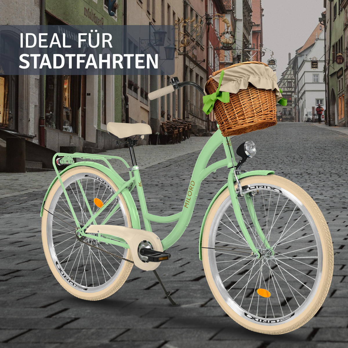 CITY-FAHRRAD Milord mit Weidenkorb, 26 Zoll, Mintze, 3-Gang - Grün, Metall (46cm) - Milordbikes