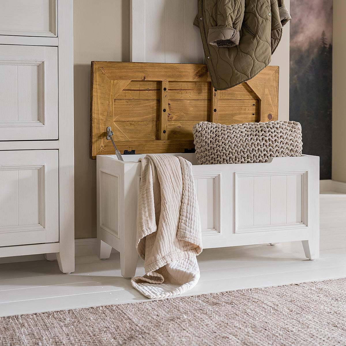 GARDEROBENBANK - Kiefer massiv - Weiß, Holz (90/45/40cm) - home24