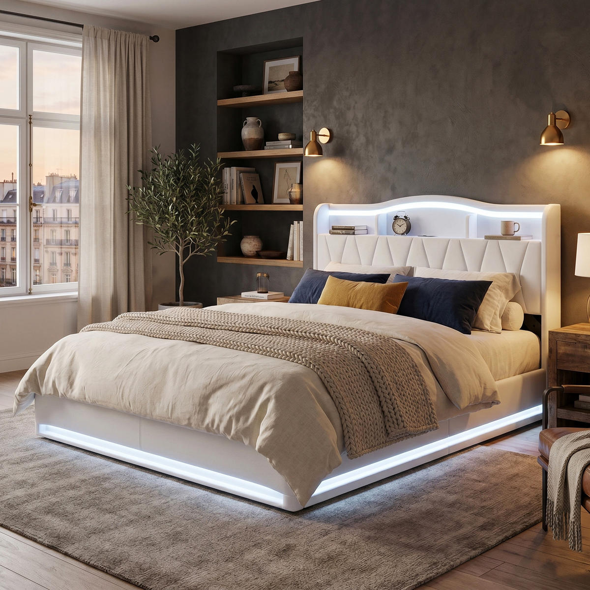 POLSTERBETT Rhombus 140/200 cm mit Bettkasten & App-LED Samtoptik Beige - Beige, Textil (140/200cm) - Creahappy