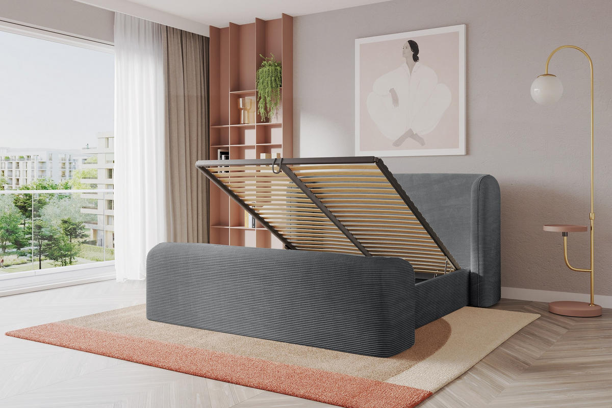 POLSTERBETT mit Bettkasten, Fußteil und Lattenrost, Boxbett ohne Matratze - ESTI-Z 160x200 Dunkelgrau - Anthrazit, Holzwerkstoff/Textil (160/200cm) - ALTDECOR