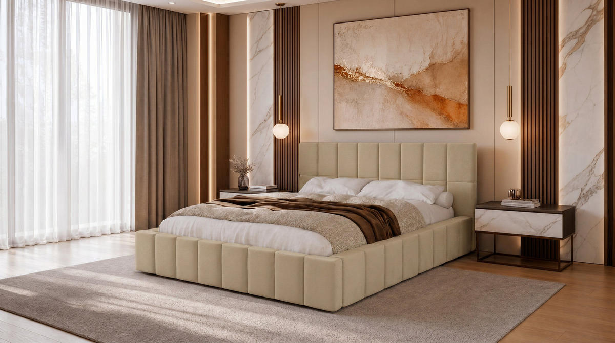 POLSTERBETT 180x200 cm, Alma, Doppelbett mit Bettkasten, Lattenrost aus Holz, Velourstoff, Creme - Creme, Holz/Kunststoff (180/200cm) - Marpur