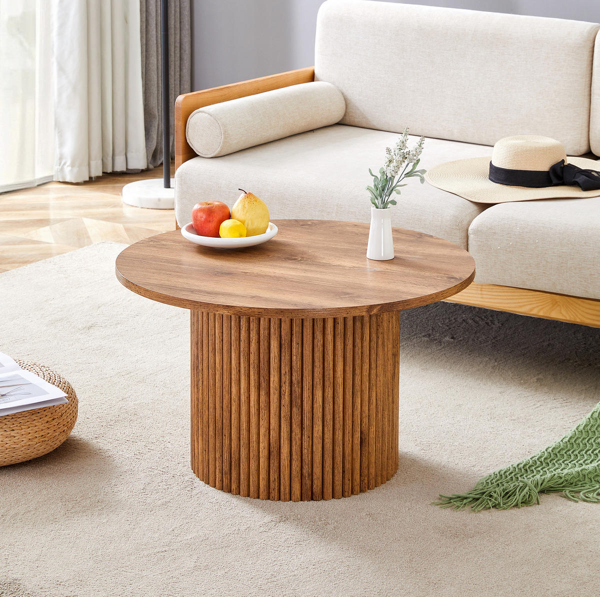 COUCHTISCH 70/70/42 cm mit runder Tischplatte, Säulendesign und Metallrahmen aus MDF, Holzfarben - Kieferfarben, Holzwerkstoff (70/70/42cm) - Redom
