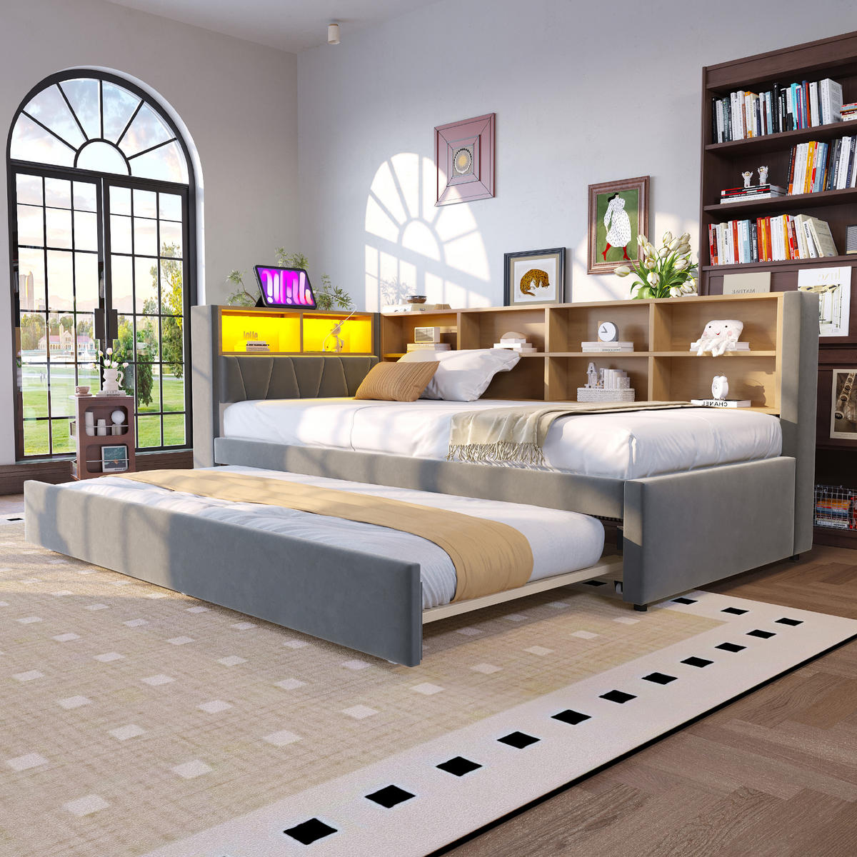 BETT mit Ausziehbett 90/190 cm Dunkelgrau Flanell mit LED-Leuchten & Ladeanschlüssen - Dunkelgrau, Textil (90/190cm) - OKWISH