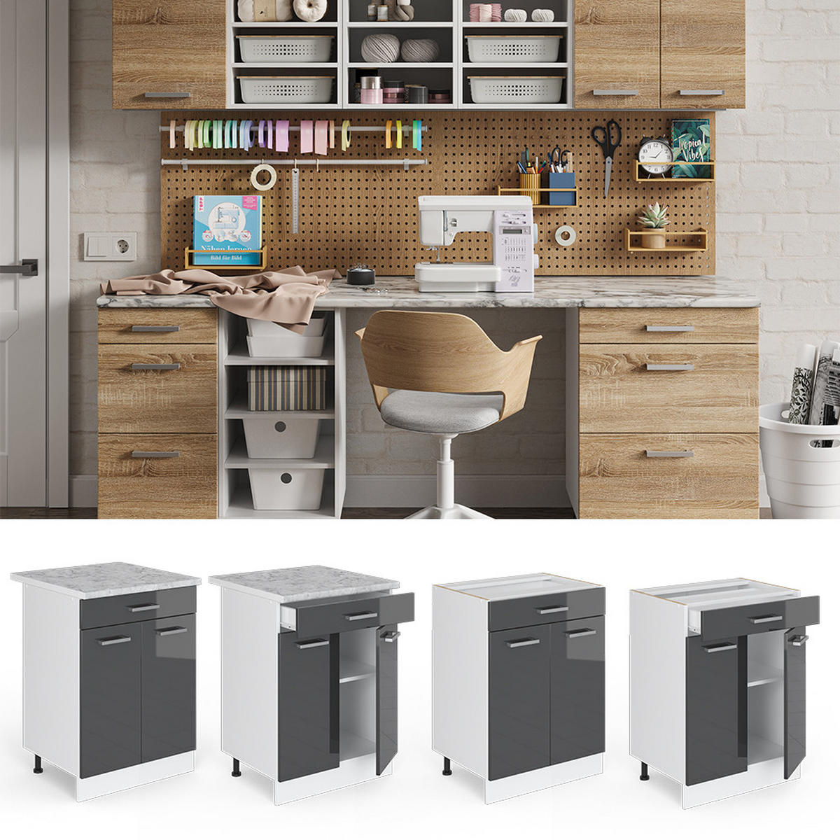 UNTERSCHRANK R-Line Anthrazit Hochglanz 60 cm mit Schubladen, ohne AP - Schwarz Hochglanz/Weiß, Holzwerkstoff (60/81.6/46cm) - Vicco