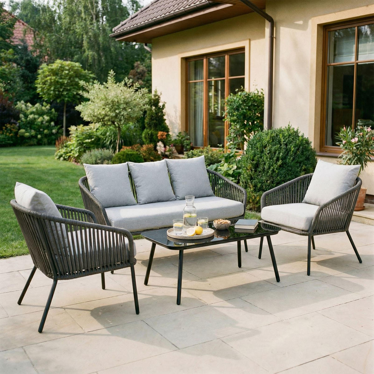 GARTENMÖBEL-SET BENGAL 4ER SET GRAU, SCHWARZ - Schwarz/Grau, Metall - CARO-Möbel