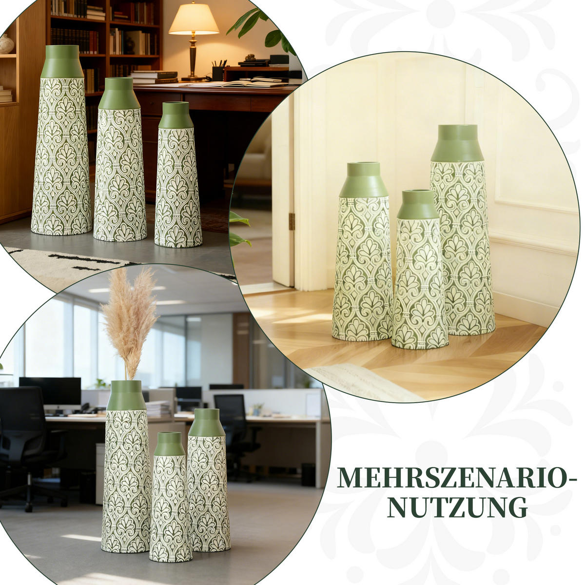 BODENVASE 3-tlg 61,5/51/43,5cm-Grüne Retro Metall Bodenvase für Trockenblumen Pampasgras - Grün, Metall (66.15cm) - Raelunyi