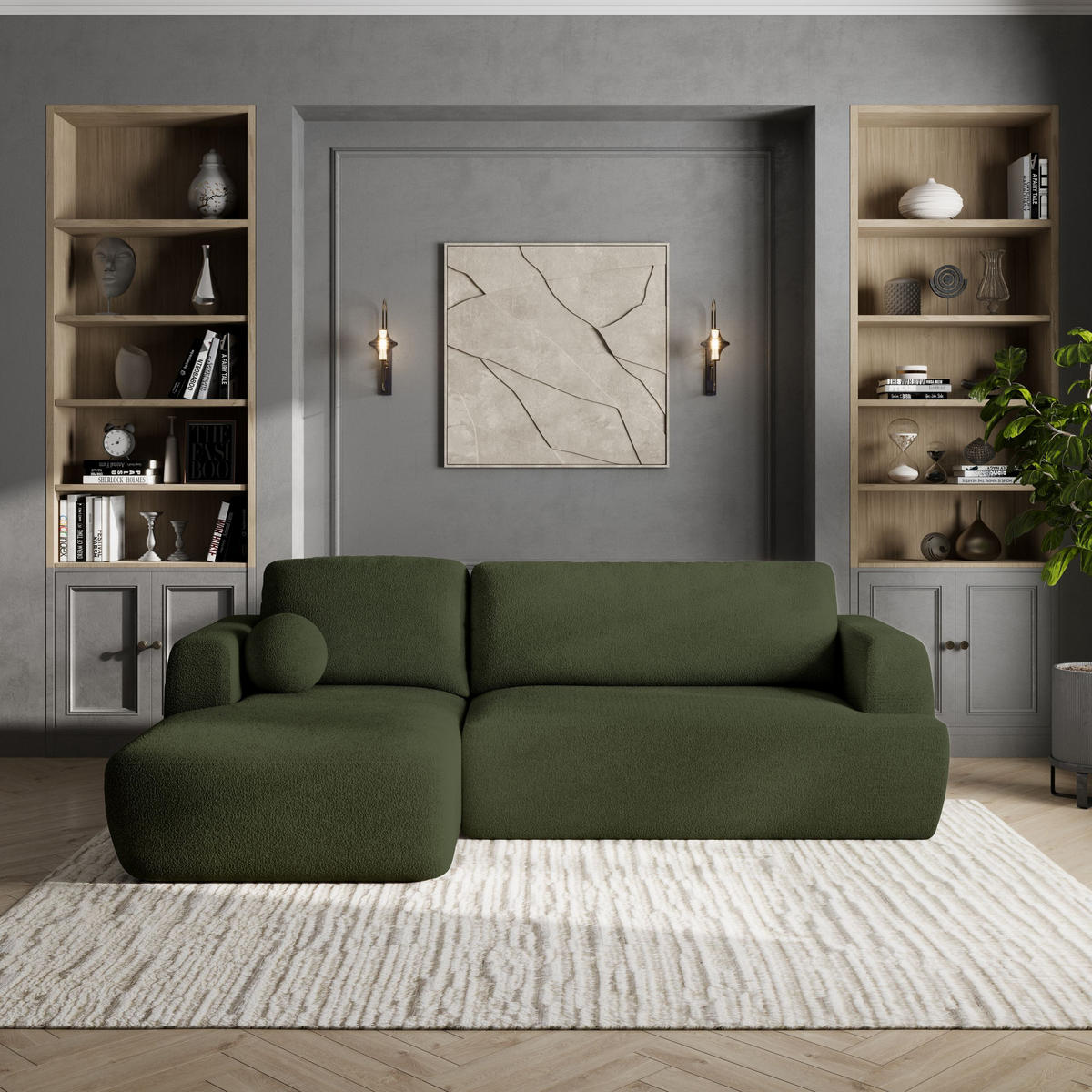 ECKSOFA SENTI N L-S Grün Boucle-Stoff mit Schlaffunktion - Schwarz/Grün, Holz/Kunststoff (246/148cm) - MASSENO