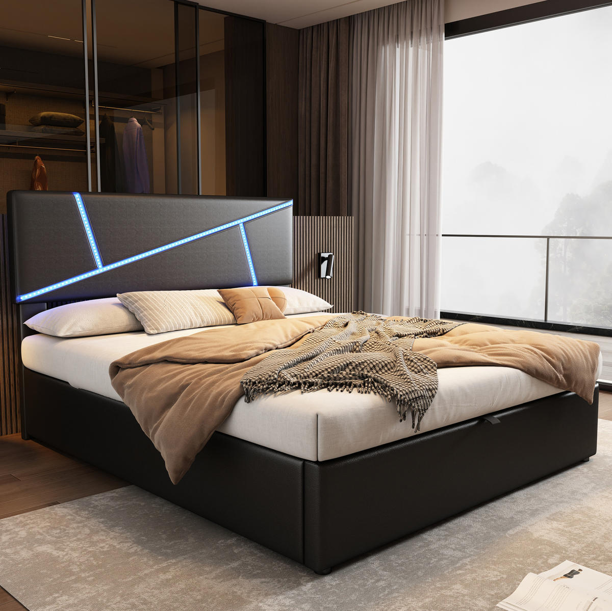 TAPECIRANI krevet 90/200 cm crni od PU-a s LED rasvjetom i spremištem - crna, plastika (90/200cm) - OKWISH