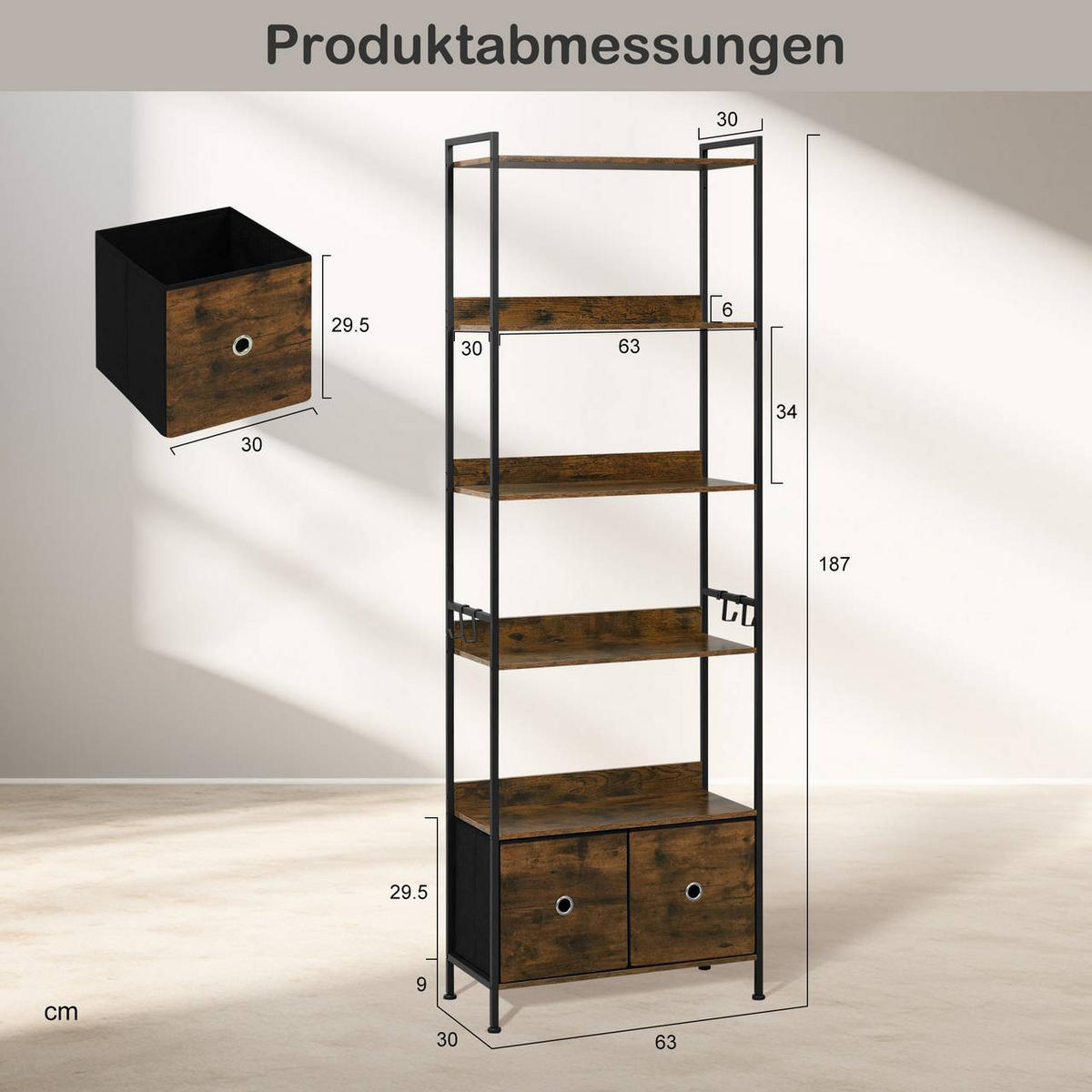 REGAL mit 5 Ablagen, 2 Schubladen, Vintagebraun - Dunkelbraun/Schwarz, Holzwerkstoff/Textil (63/187/30cm) - Woltu