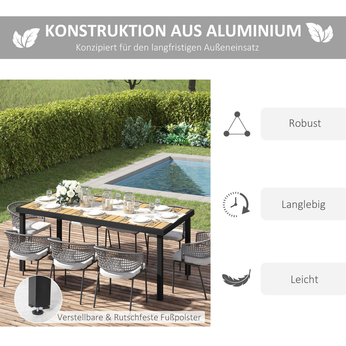 GARTENTISCH aus Aluminium 190x90x74 cm Naturholzoptik mit verstellbaren Fußpolstern - Naturfarben, Metall (190/90/74cm) - Modfu