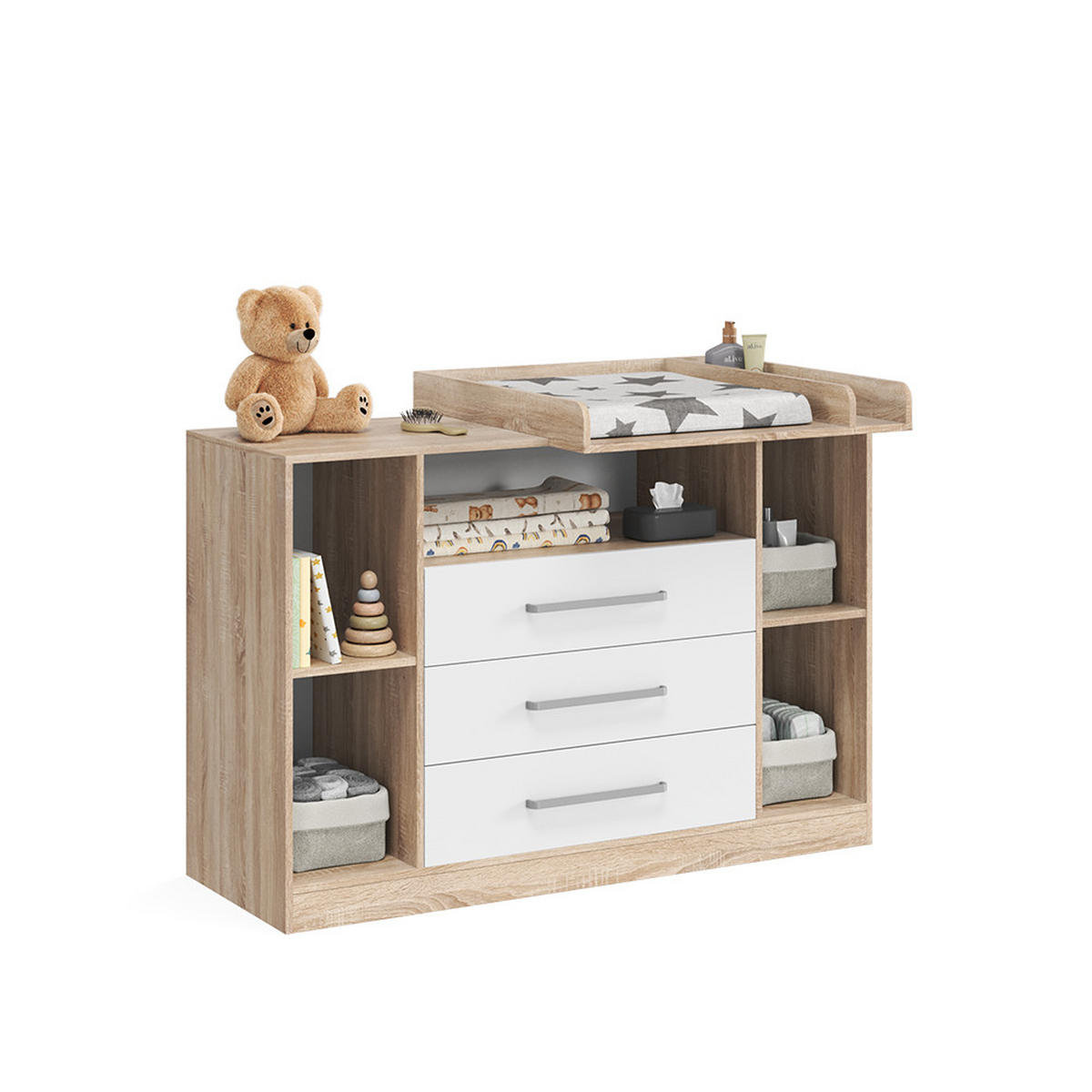PREVIJALNA OMARA Olina, Sonoma/Bela, 138.3 x 93 cm - bela/hrast sonoma, leseni material (138.3/93/50cm) - Vicco