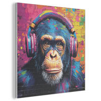 AKUSTIKBILD Graffiti - Schimpanse - Straßenkunst - Kopfhörer - Affe Akustikpaneele 80x80 cm - Blau, Kunststoff (80/80/0.9cm) - MuchoWow