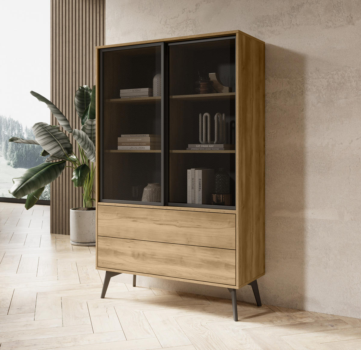 VITRINE MOTTI WSZ100 100 cm (Barock Eiche, Glastüren, Push to Open, Schwarze Details) - Eichefarben/Schwarz, Glas/Holz (100/165/39cm) - Ravio