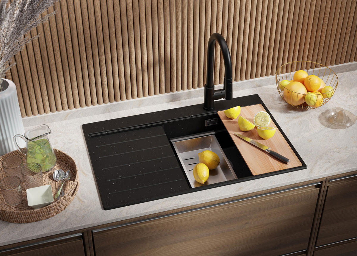 SPÜLBECKEN Sydney, 2-er set Schwarz Metallic 78/50 cm 1 Becken + Ablauf-Set + Küchenzubehörset ab 50er Unterschrank - Chromfarben/Schwarz Hochglanz, Kunststoff (78/20/50cm) - Primagran