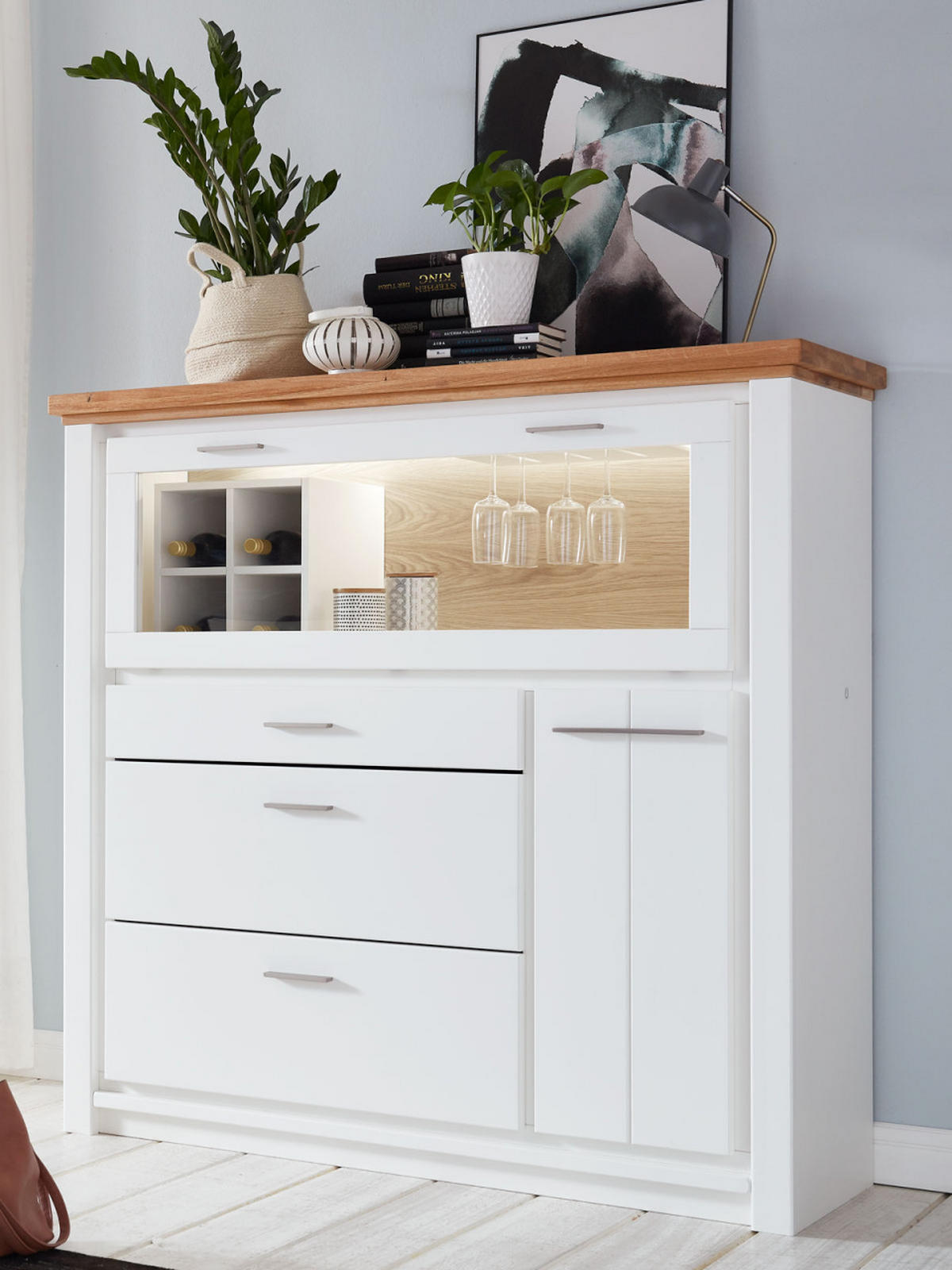 BARSCHRANK weiß Olbia Wildeiche 151/48/146 cm - Weiß/Braun, Holz (151/146/48cm) - Casamia Massive Möbel