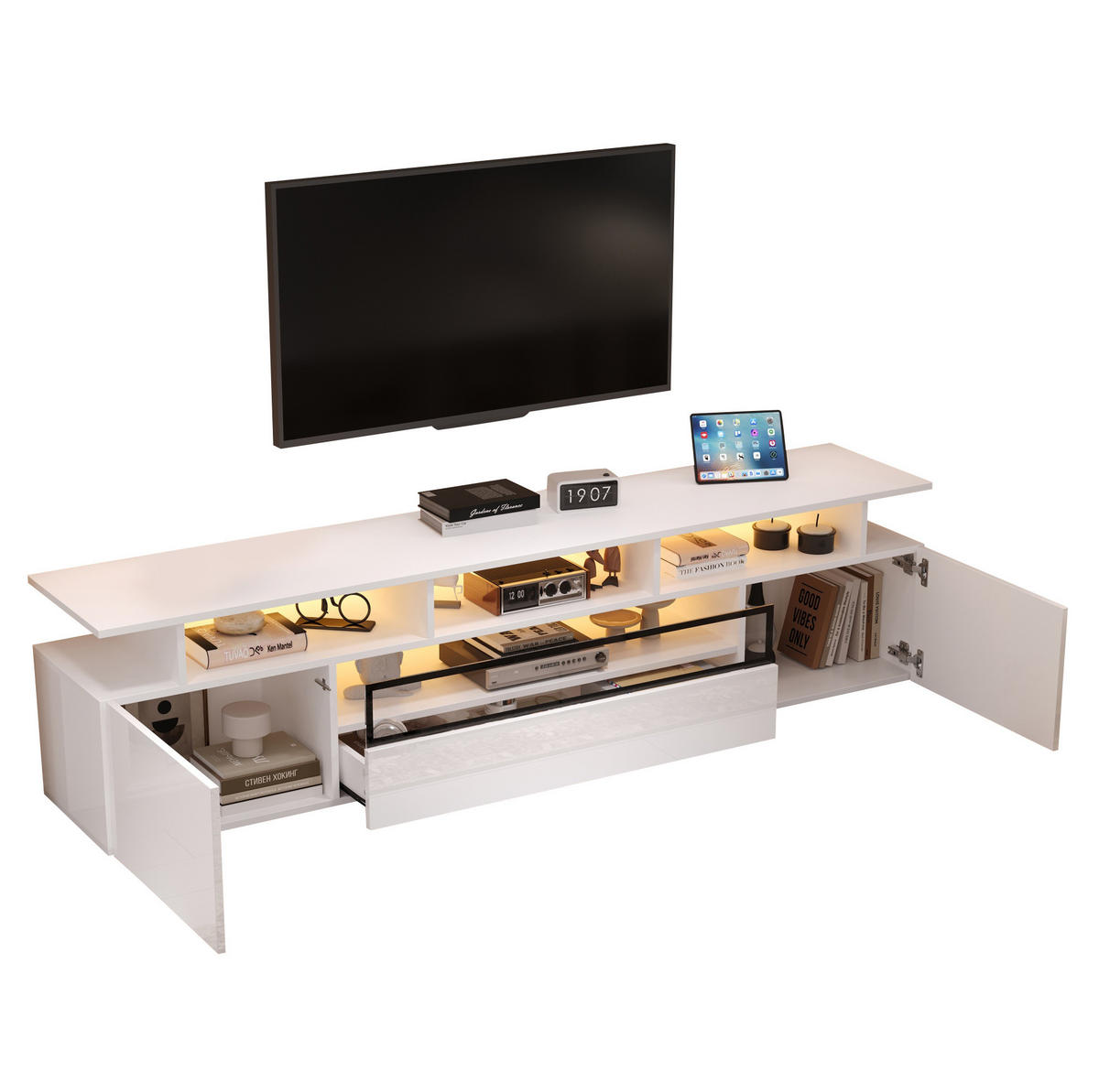 TV-LOWBOARD aus Spanplatte 180x38x45 cm Weiß mit LED-Beleuchtung, 2 Schränken, 1 Schublade und Hochglanzfront - Weiß, Holzwerkstoff (180/45/38cm) - Modfu