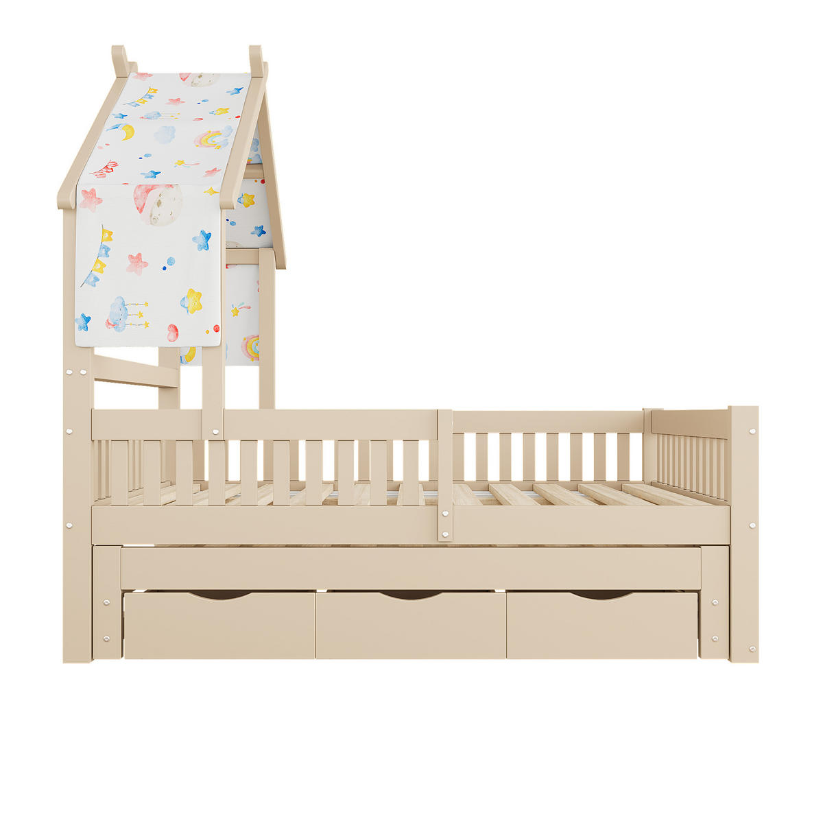 HAUSBETT 140/200 cm DE-03356, mit Ausziehbett, 3 Schubladen und Sicherheitsgittern, in Natur - Creme, Holz/Holzwerkstoff (140/200cm) - ComfortXL