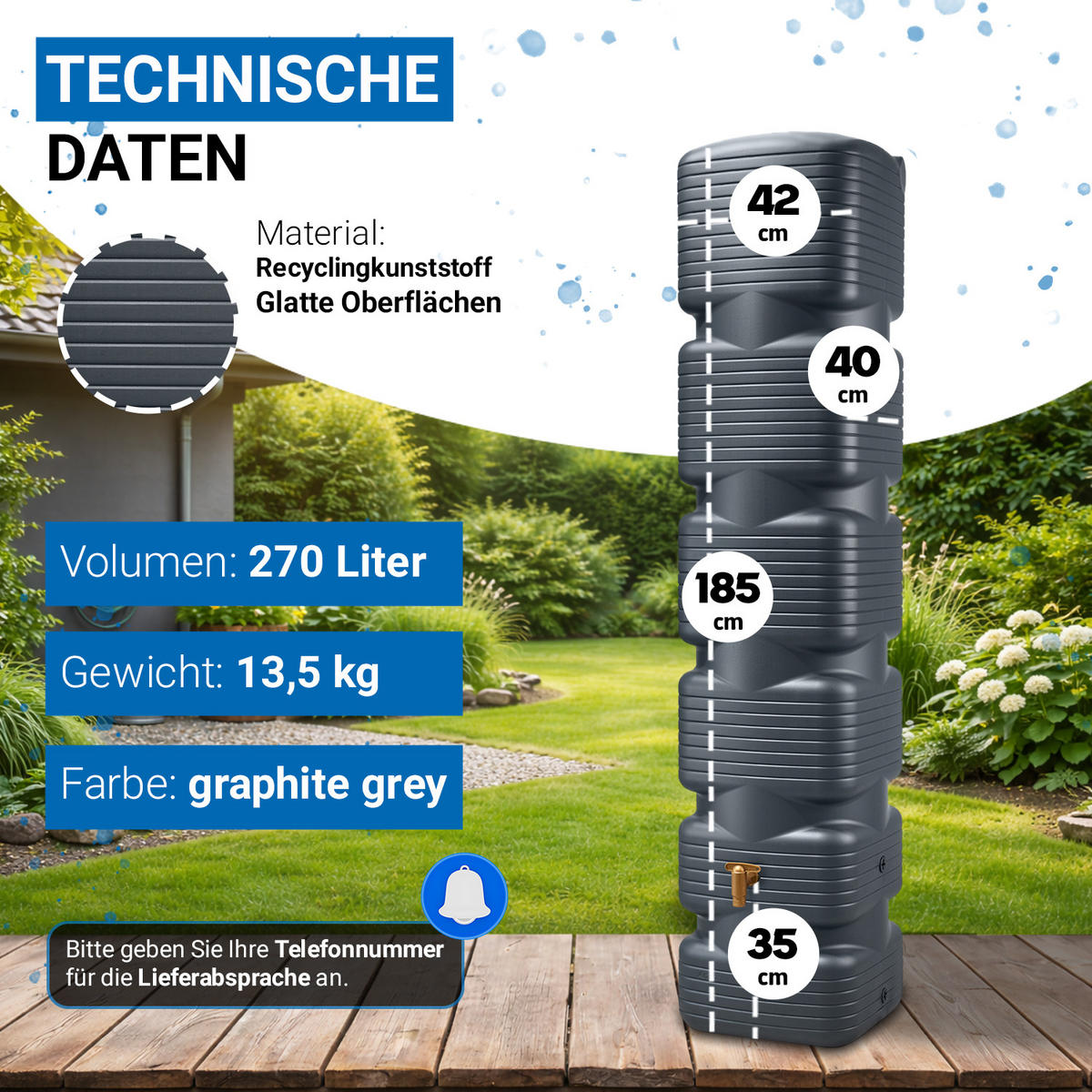 WANDTANK 270 L, graphite grey - Graphitfarben, Kunststoff (40/185/65cm) - 4rain