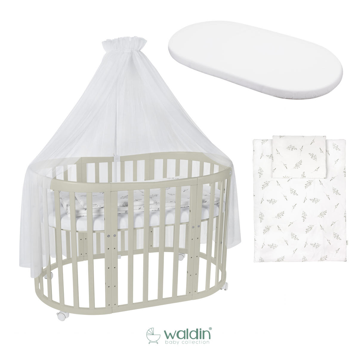 BABYBETT OLIVE OVAL 7in1 mit Matratze und Himmelset - Olivgrün/Weiß, Holz/Textil