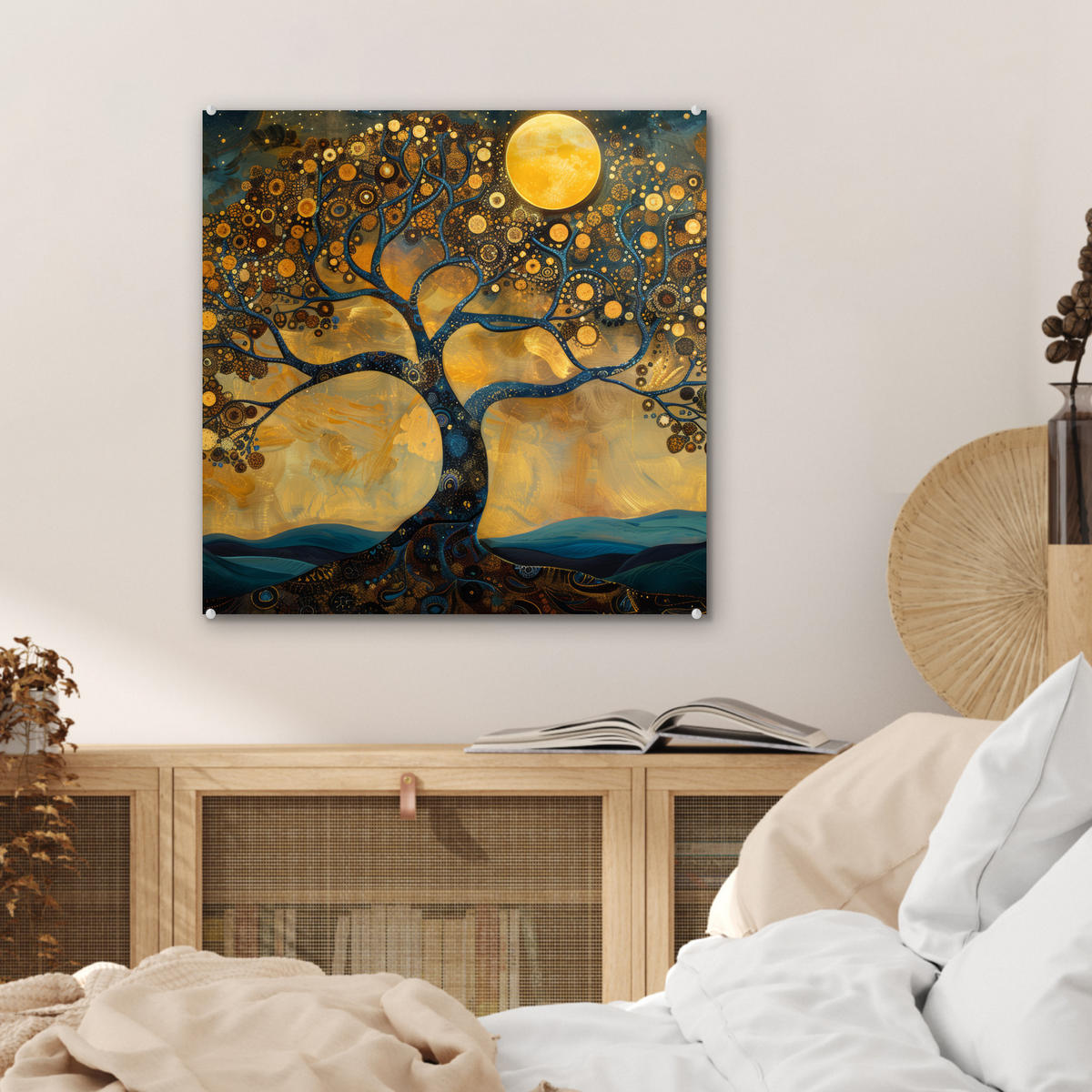 ACRYLGLASBILD Baum - Mond - Blumen - Gold - Kunst 50x50 cm - Orange, Glas (50/50cm) - MuchoWow