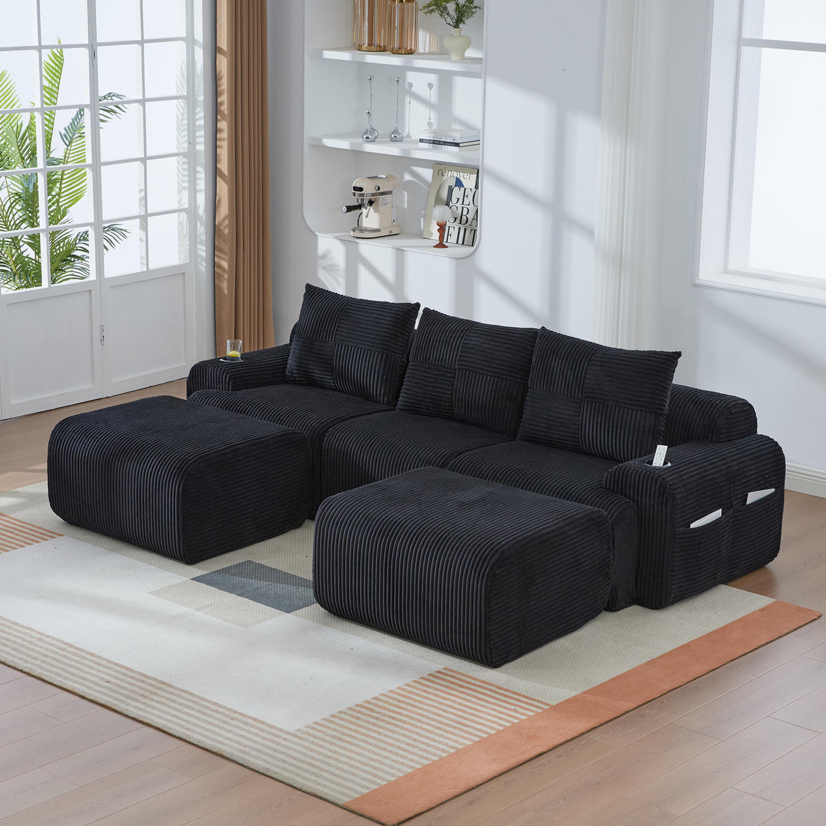 3-SITZER Wohnlandschaft Cord mit Getränkehalter und Aufbewahrungstasche 268/174/80 cm Schwarz - Schwarz, Textil (174/80/268cm) - Redom