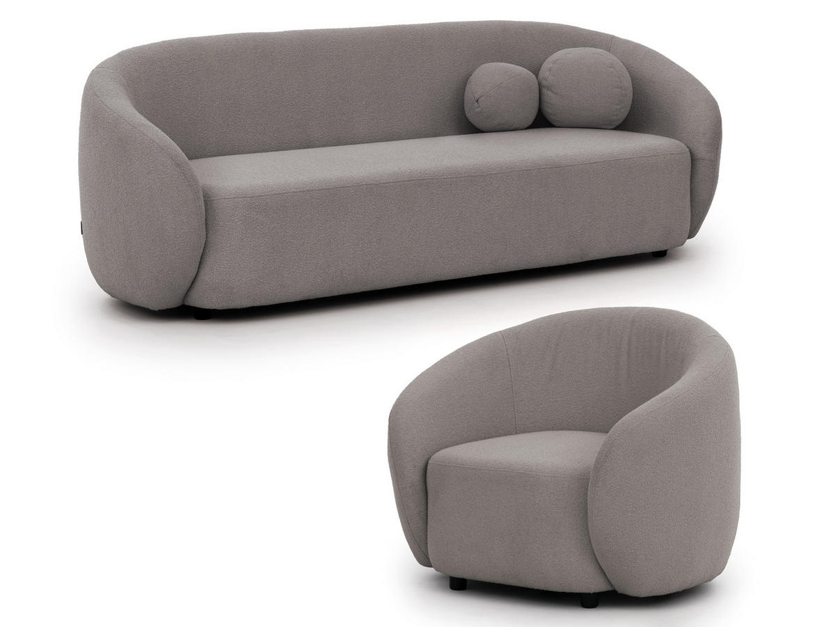 SITZGARNITUR 3+1 Roundi Grau Bouclé - Schwarz/Grau, Holz/Kunststoff (208/76/80cm) - S-Style Möbel