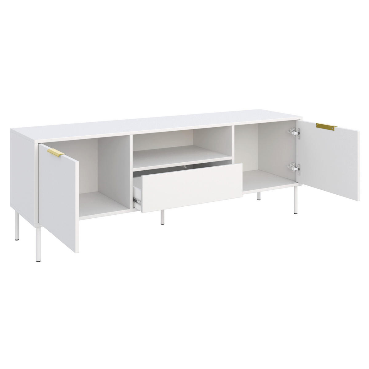 TV stolík s 2 dvierkami, zásuvkou a nikou, Biela, 160cm - biela/zlatá, kov/kompozitné drevo (160/57/40cm) - Selsey