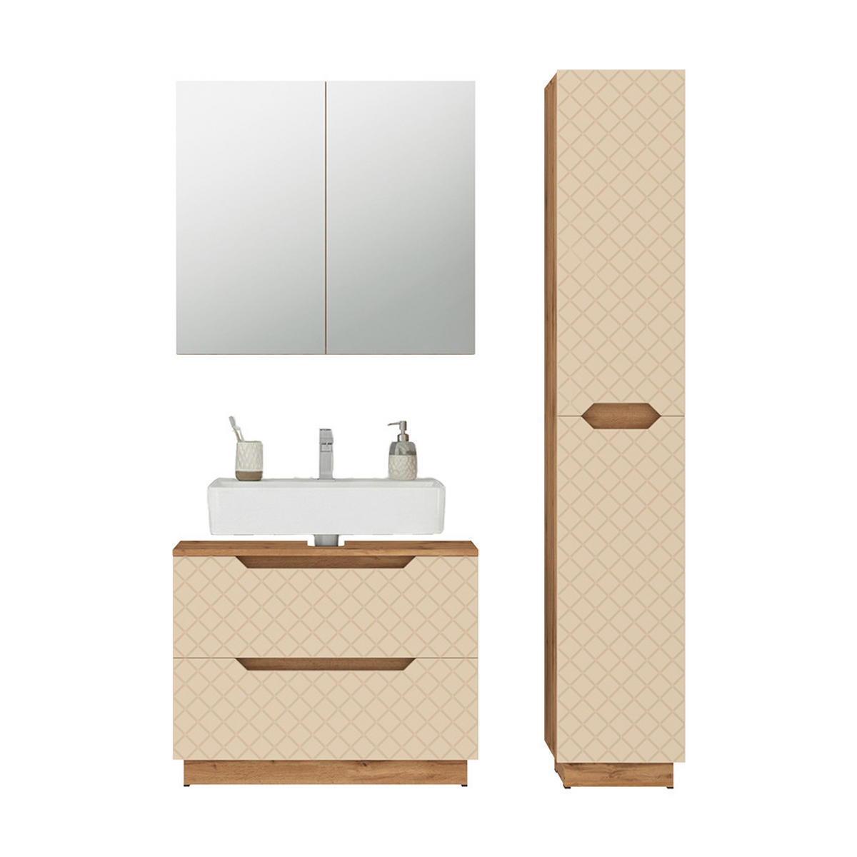 BADMÖBEL-SET Lotta Eiche/Kaschmir mit Kachelstruktur 3 Teile - Kaschmir/Eichefarben, Holzwerkstoff (79.6/62.5/32cm) - Vicco