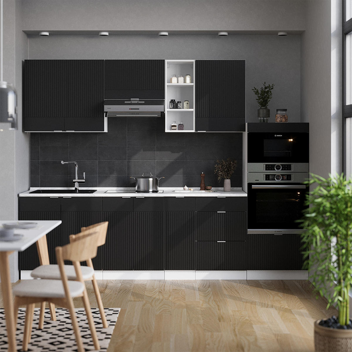 KÜCHENZEILE Fame-Line, Schwarz gestreift/Weiß, 280 cm, AP Eiche - Schwarz/Weiß, Holzwerkstoff (280/81.6/60cm) - Vicco