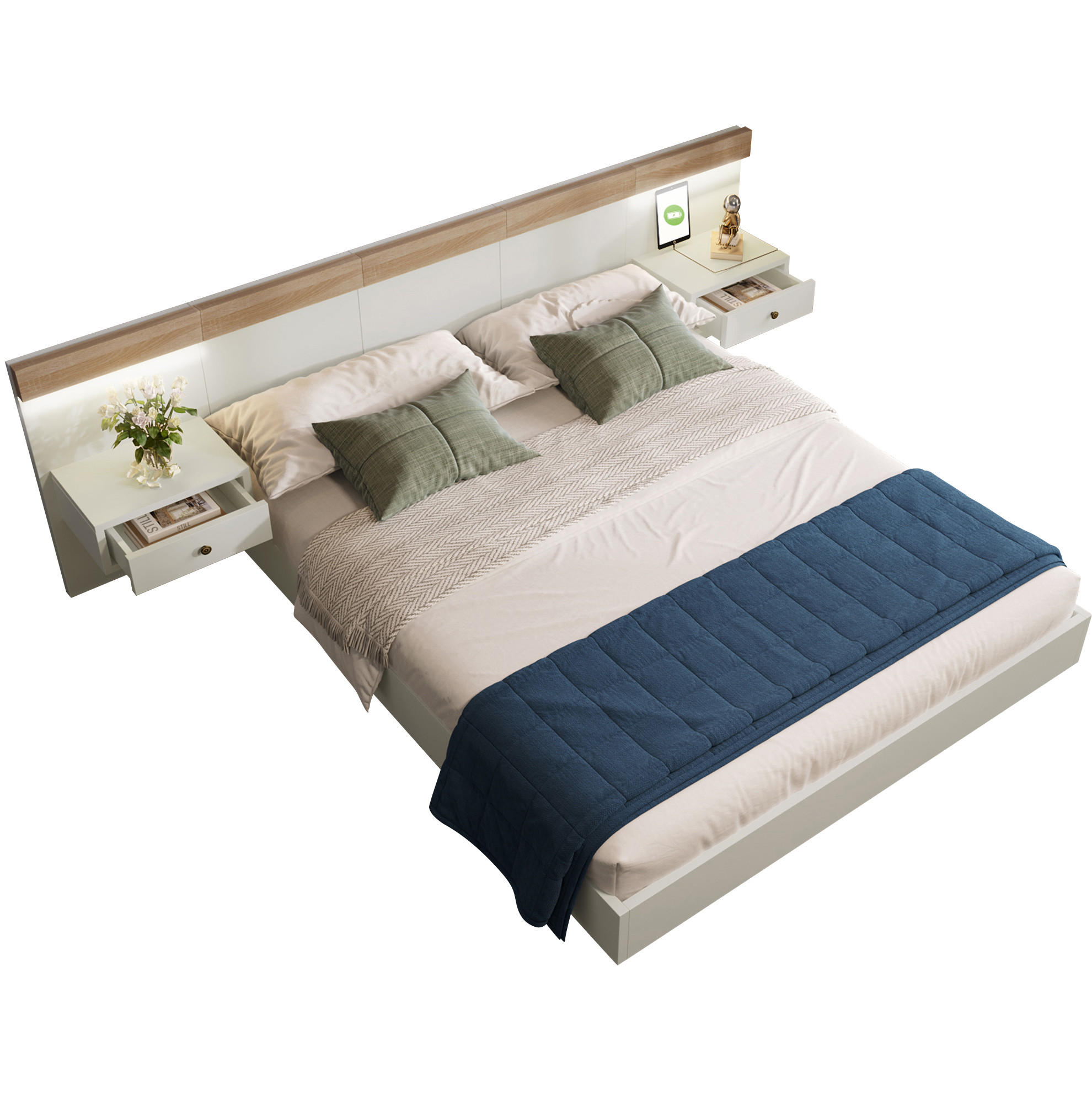 DOPPELBETT 140/200 cm Weiß aus Holzwerkstoff mit LED-Nachttischen und USB-C - Weiß, Holzwerkstoff (140/200cm) - OKWISH