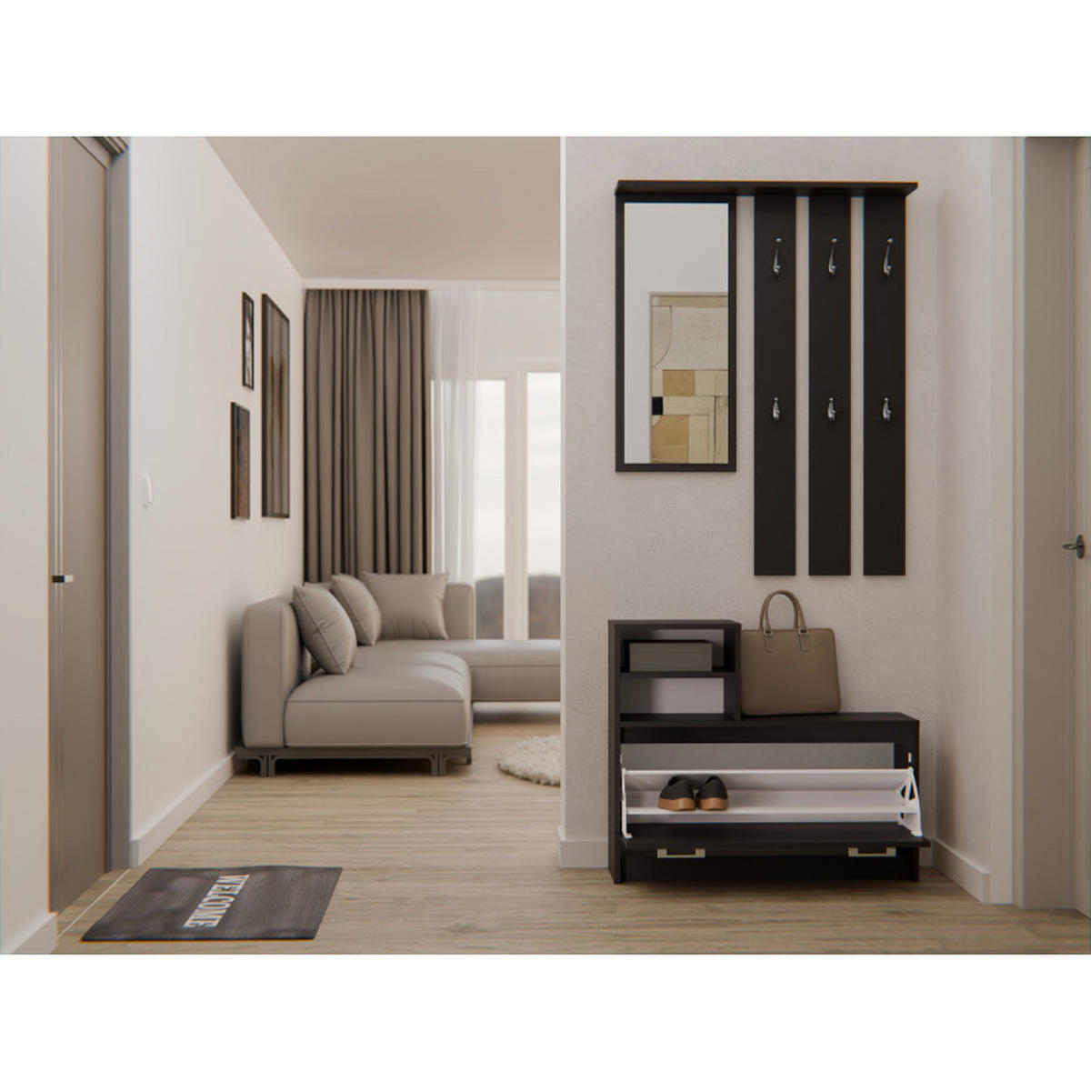 GARDEROBE set de mobilier pentru hol cu oglindă, negru 85/180/24 - negru, compozit lemnos (85/180/24cm) - RAUMHIRSCH FURNITURE
