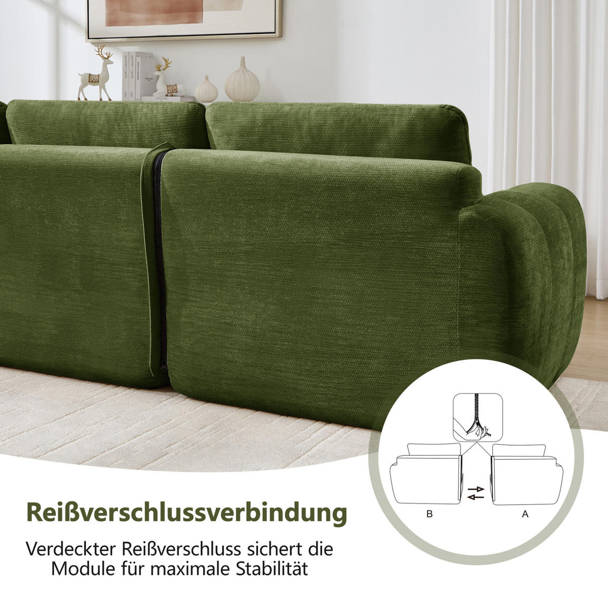 SOFA 194/160/68 cm in Grün aus Chenille, rahmenlos und montagefrei - Grün, Textil (160/68/194cm) - Flora Grace