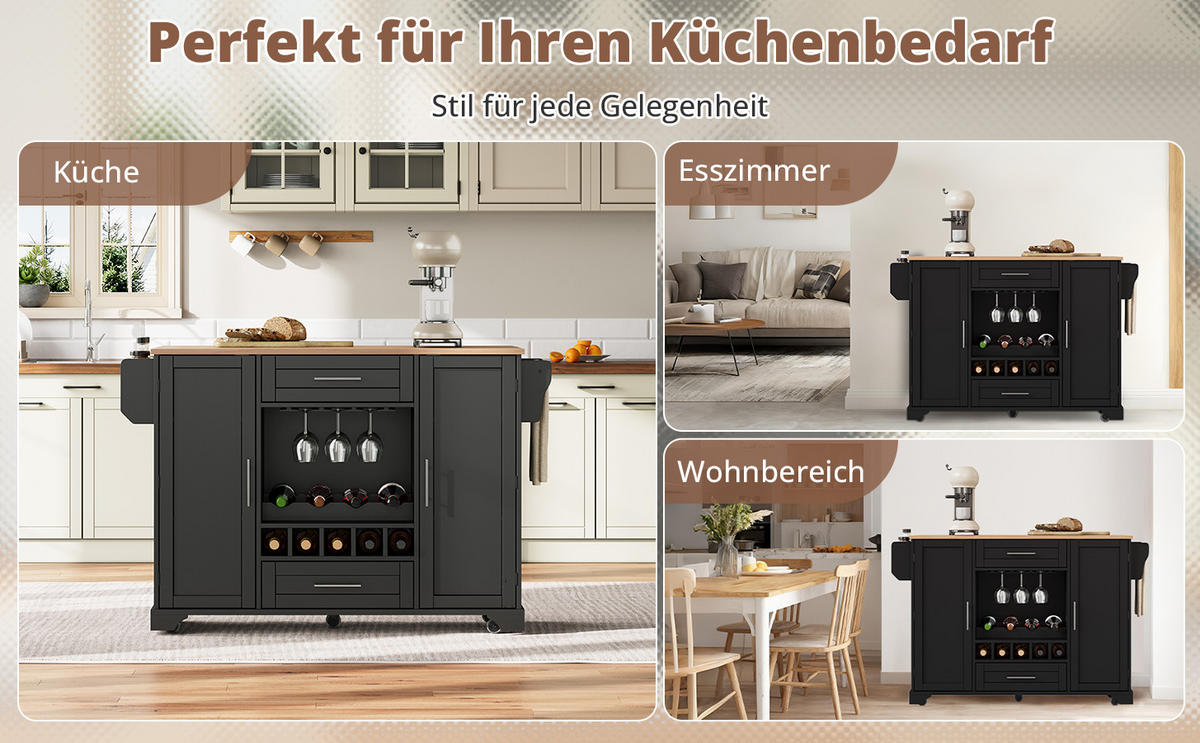 KÜCHENINSEL Küchenwagen KLAPPBARE ARBEITSPLATTE und WEINREGAL, Schwarz Holzoptik, mobile , 138/70/92 cm - Schwarz, Kunststoff (70/92/138cm) - Rolipo