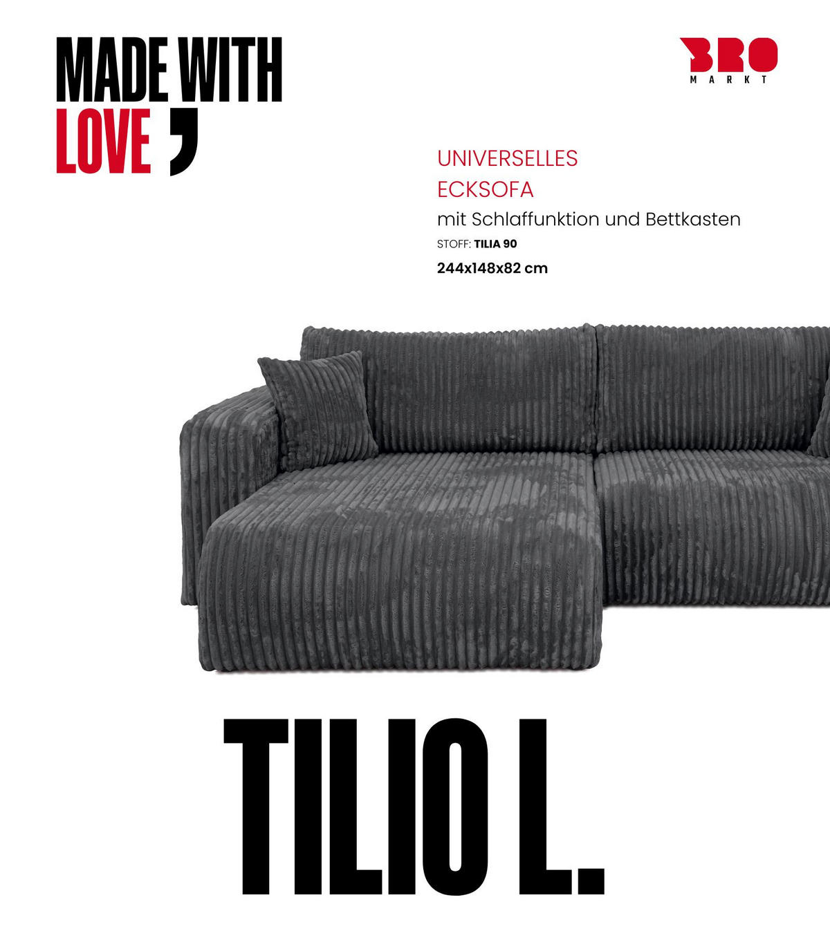 ECKSOFA mit Schlaffunktion TILIO Dunkelgrau - Dunkelgrau, Textil (244/148cm) - Bromarkt