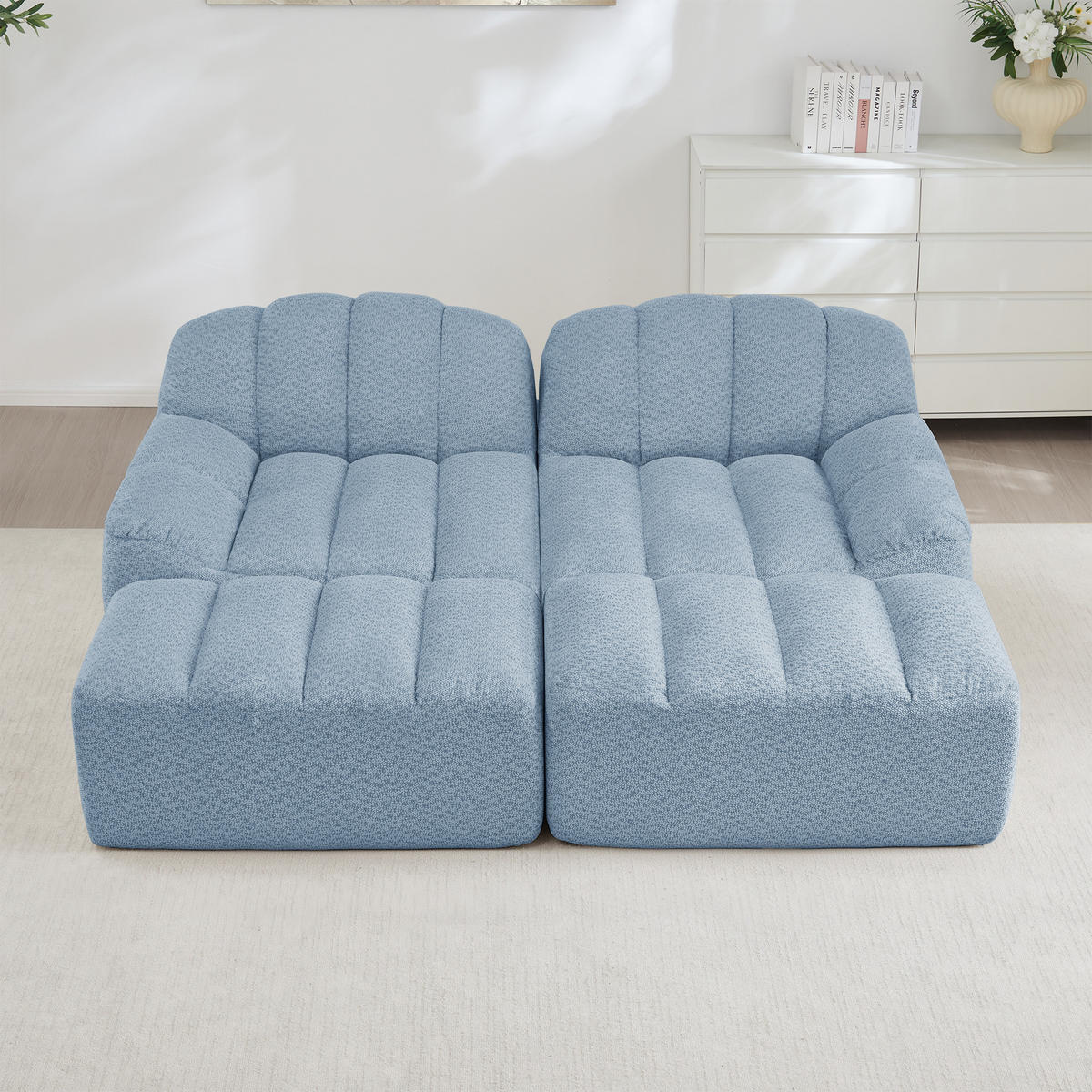 2-SITZER SOFA Granulierter Fleece Blau mit 2 Ottomans - Blau, Textil (210/79/165cm) - WISHDOR