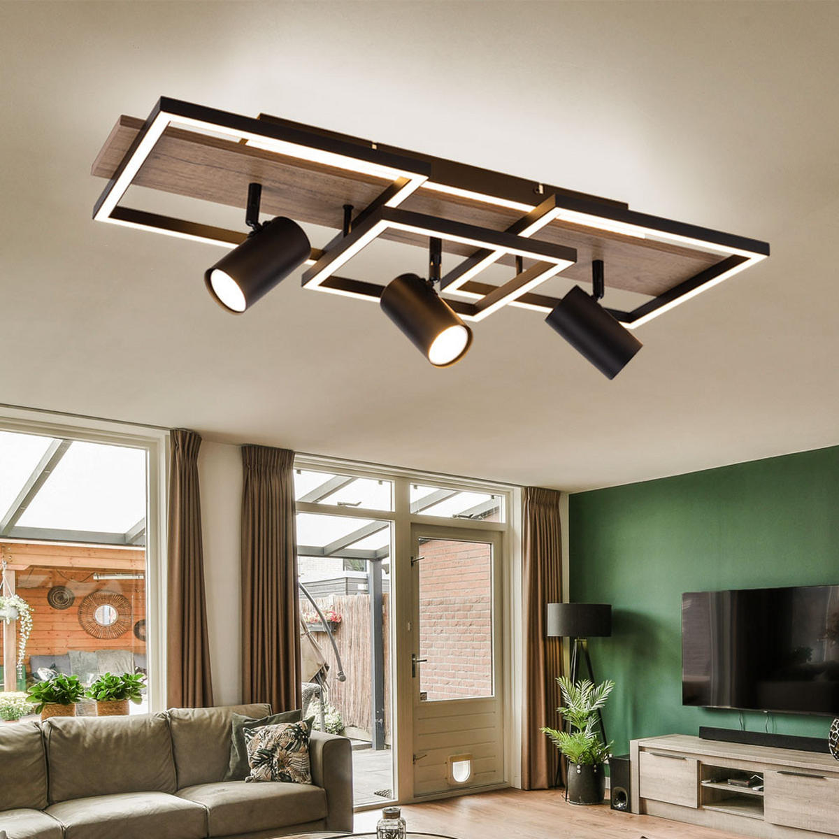 LED DECKENLEUCHTE Metall Holzoptik Schwarz 3-flammig - Schwarz, Metall (72/27/18cm) - Globo Lighting