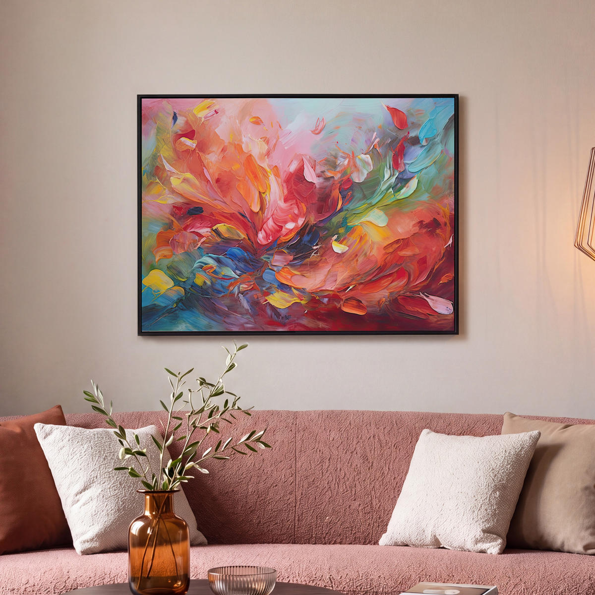 LEINWAND Bilder mit Rahmen - Ölgemälde - Kunst - Abstrakt - Farbenfroh - 70x50 - Altrosa, Textil (70/50cm) - MuchoWow