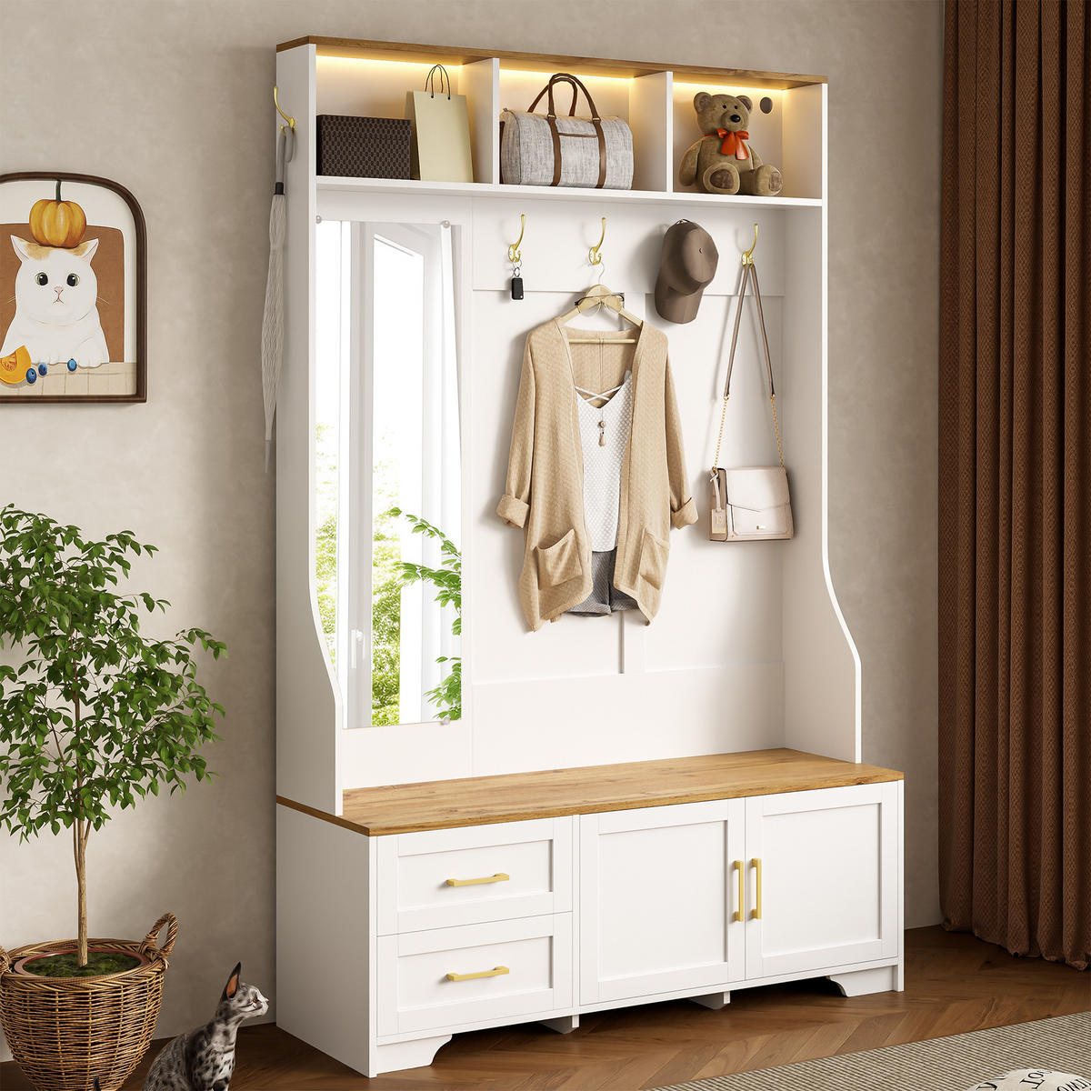GARDEROBE LED Spiegel Schubladen - Weiß, Holz (120/187/40cm) - LEBENLANG