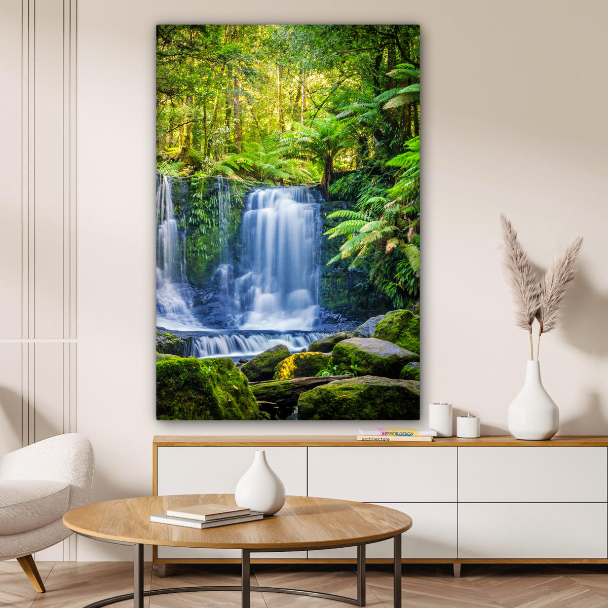 LEINWANDBILD Dschungel - Wasserfall - Australien - Pflanzen - Natur 80x120 cm - Dunkelgrün, Textil (80/120cm) - MuchoWow