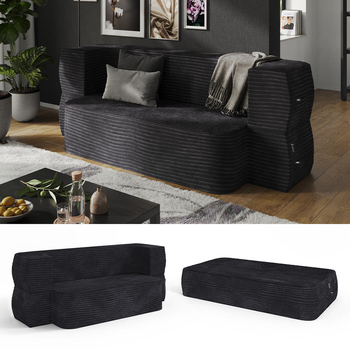 SOFA Lille Schwarz 190 cm mit Schlaffunktion - Schwarz, Textil (190/70/73cm) - VitaliSpa