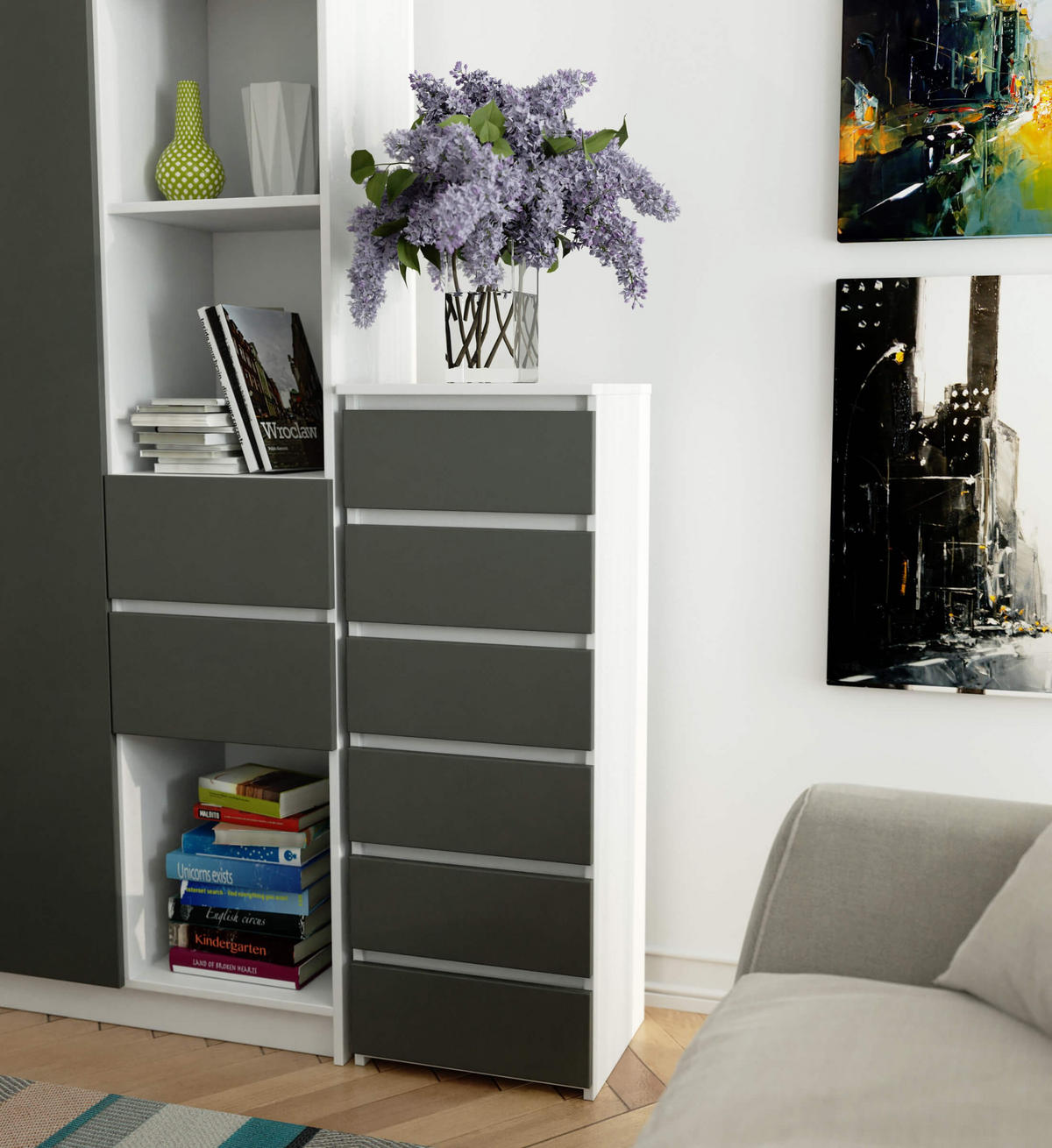 KOMMODE Weiß, Graphit Grau 109/40/35 - Weiß, Holzwerkstoff (40/109/35cm) - RAUMHIRSCH FURNITURE