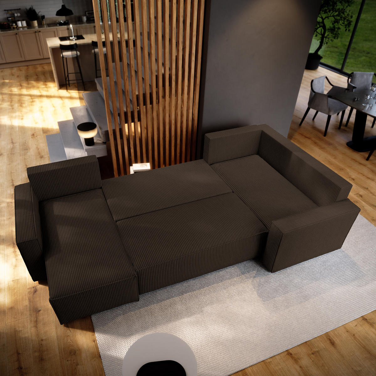 WOHNLANDSCHAFT NORENA R-S Braun Kordstoff mit Schlaffunktion - Braun, Holz (295/85/157.5cm) - MASSENO