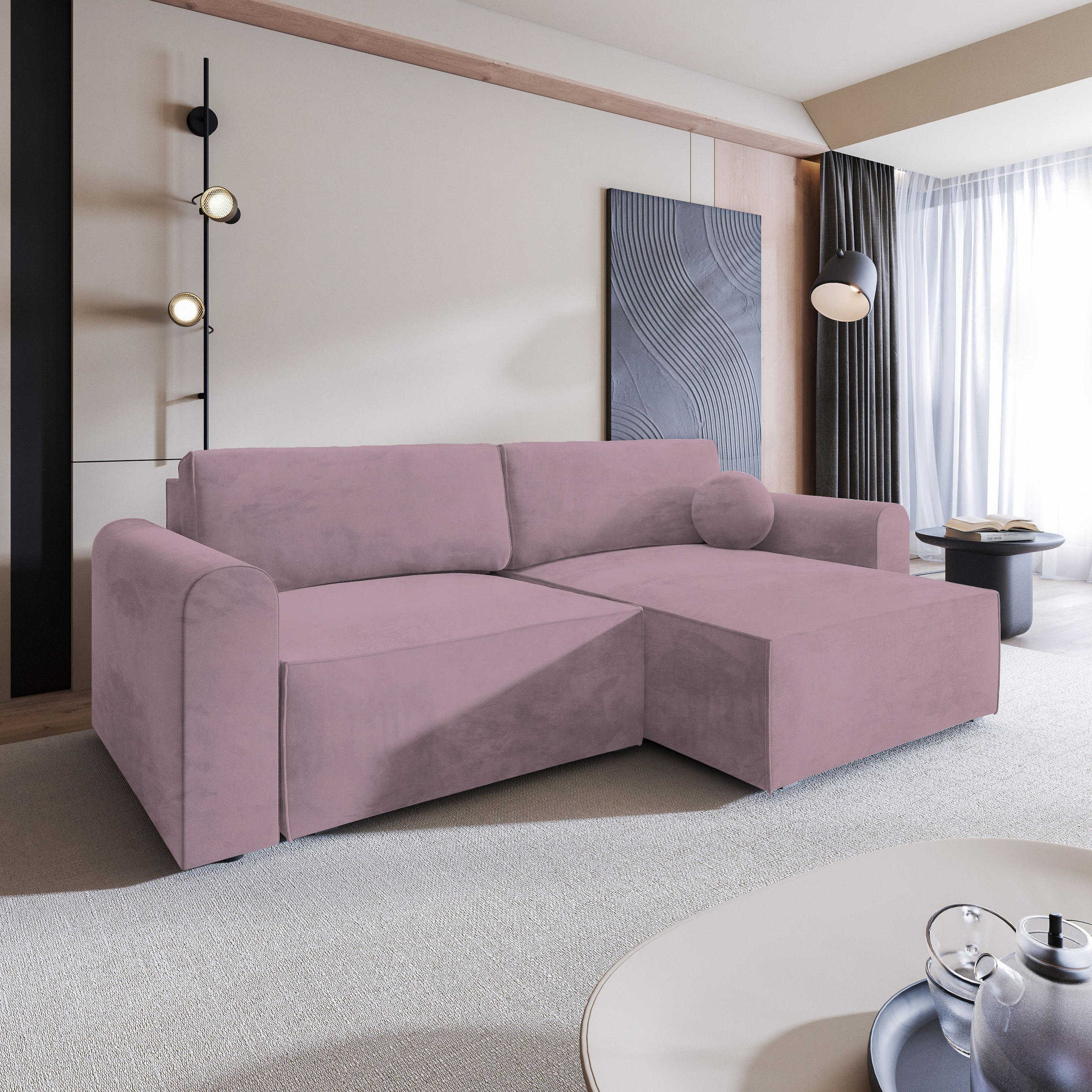 ECKSOFA FIANO M Lila Velours-Stoff mit Schlaffunktion - Lila, Holz (245/148cm) - MASSENO