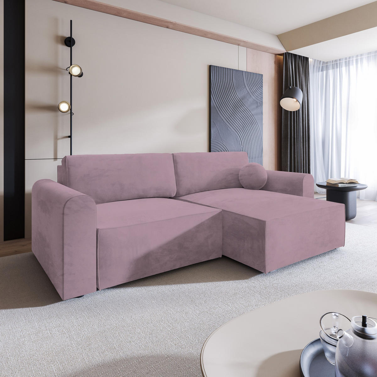 ECKSOFA FIANO M Lila Velours-Stoff mit Schlaffunktion - Lila, Holz (245/148cm) - MASSENO
