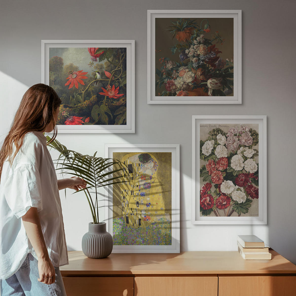BILDER SET 4er Set - 50x50 cm & 40x60 cm Weißer Rahmen - Blumen des Baumes (Gemälde von Klimt) - Weiß, Kunststoff (50/50cm) - TULUP