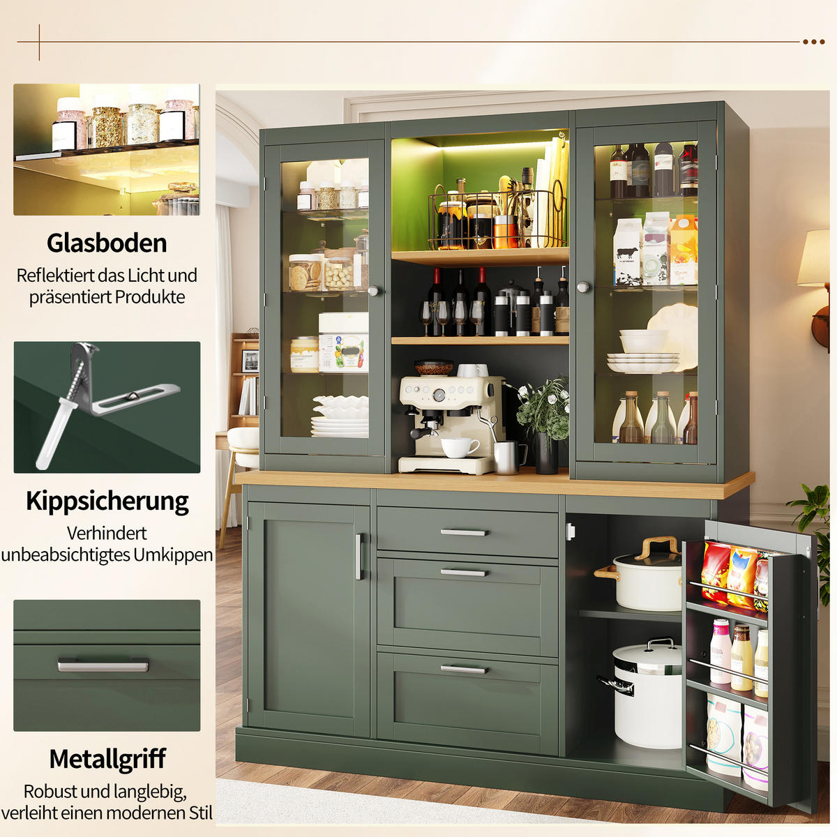 KÜCHENSCHRANK LED App 185x140x40Cm Arbeitsplatte - Grün, Holzwerkstoff (140/185/40cm) - FLIEKS