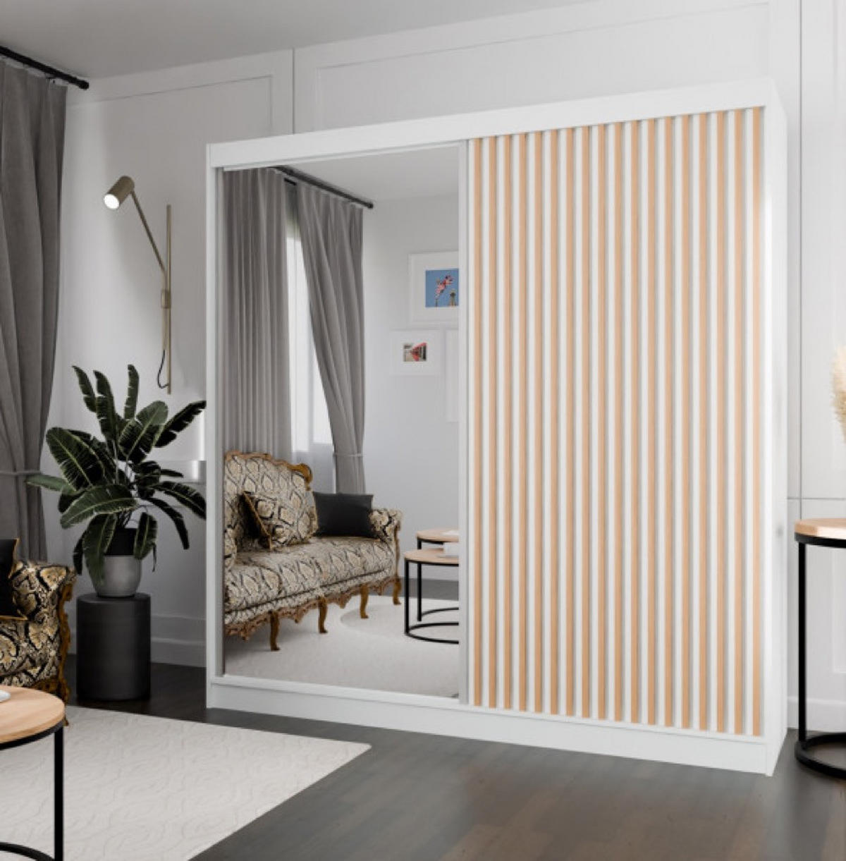 SCHRANK Weiß Craft Gold Lamellen Mit Spiegel 200 cm - Eichefarben/Goldfarben, Holzwerkstoff (200/215/61cm) - Sepro Meble