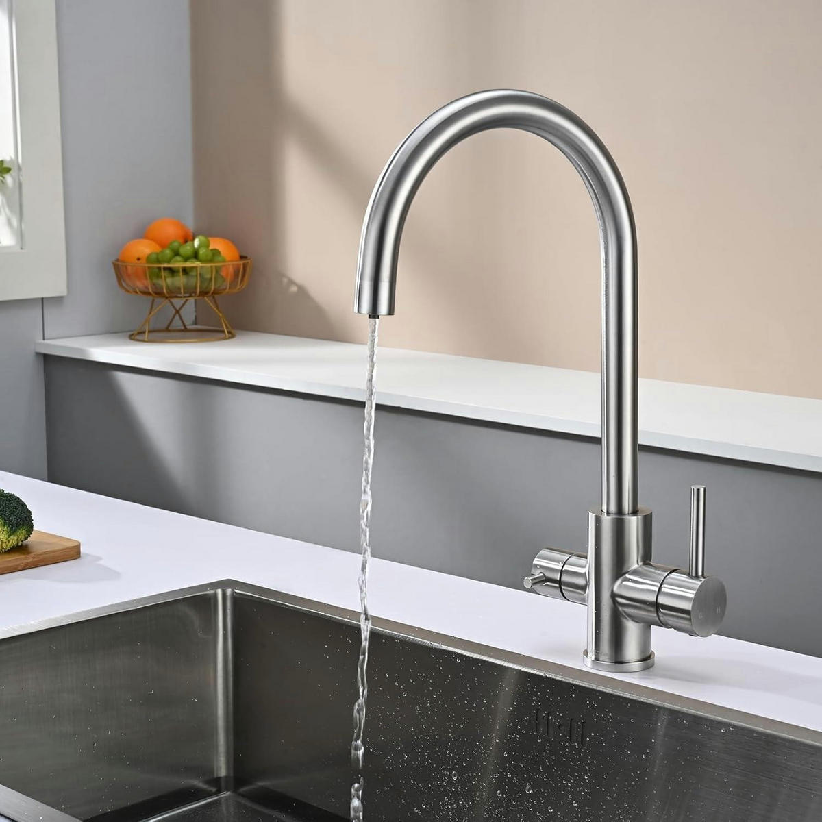 KÜCHENARMATUR 3-Wege mit Trinkwasserfunktion gebürstetes Silber - Silberfarben, Metall (20.6/26.7/39.6cm)